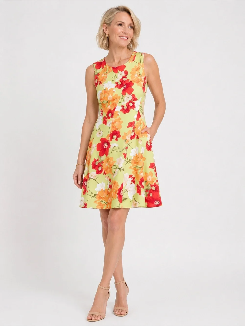 Vince Camuto Scuba Fit Flare Dress Floral Sleeveless Lime Green Orange 12 NWT